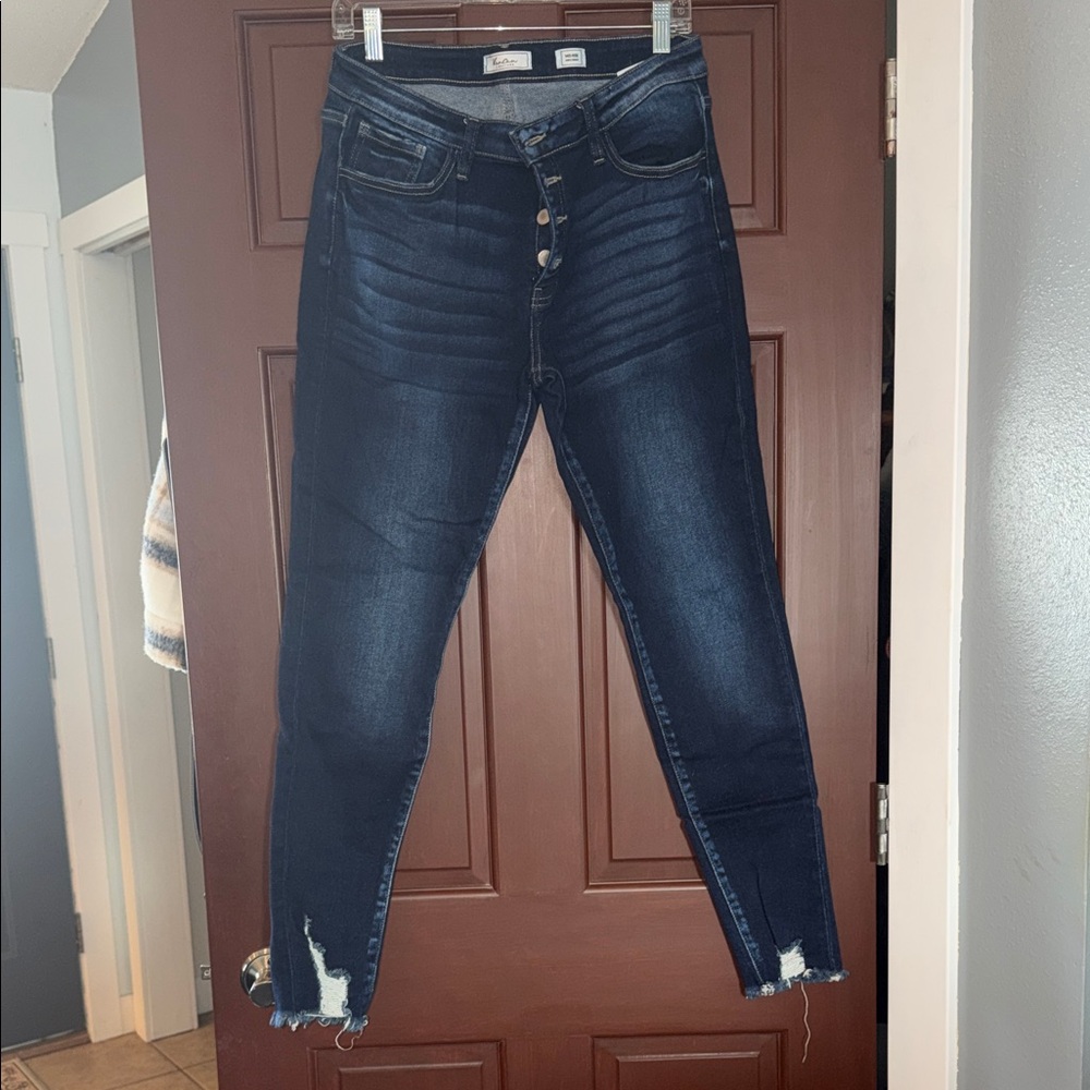 KanCan Dark Blue Skinny Jeans with Distressed Hem